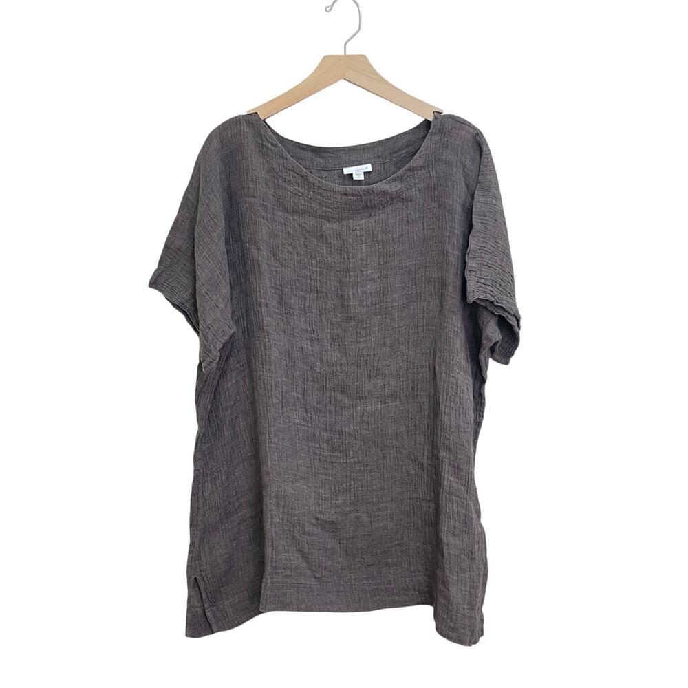 J. Jill Brown Crinkled Linen Short Sleeve Oversized Lagenlook Tunic Shirt Sz XLP